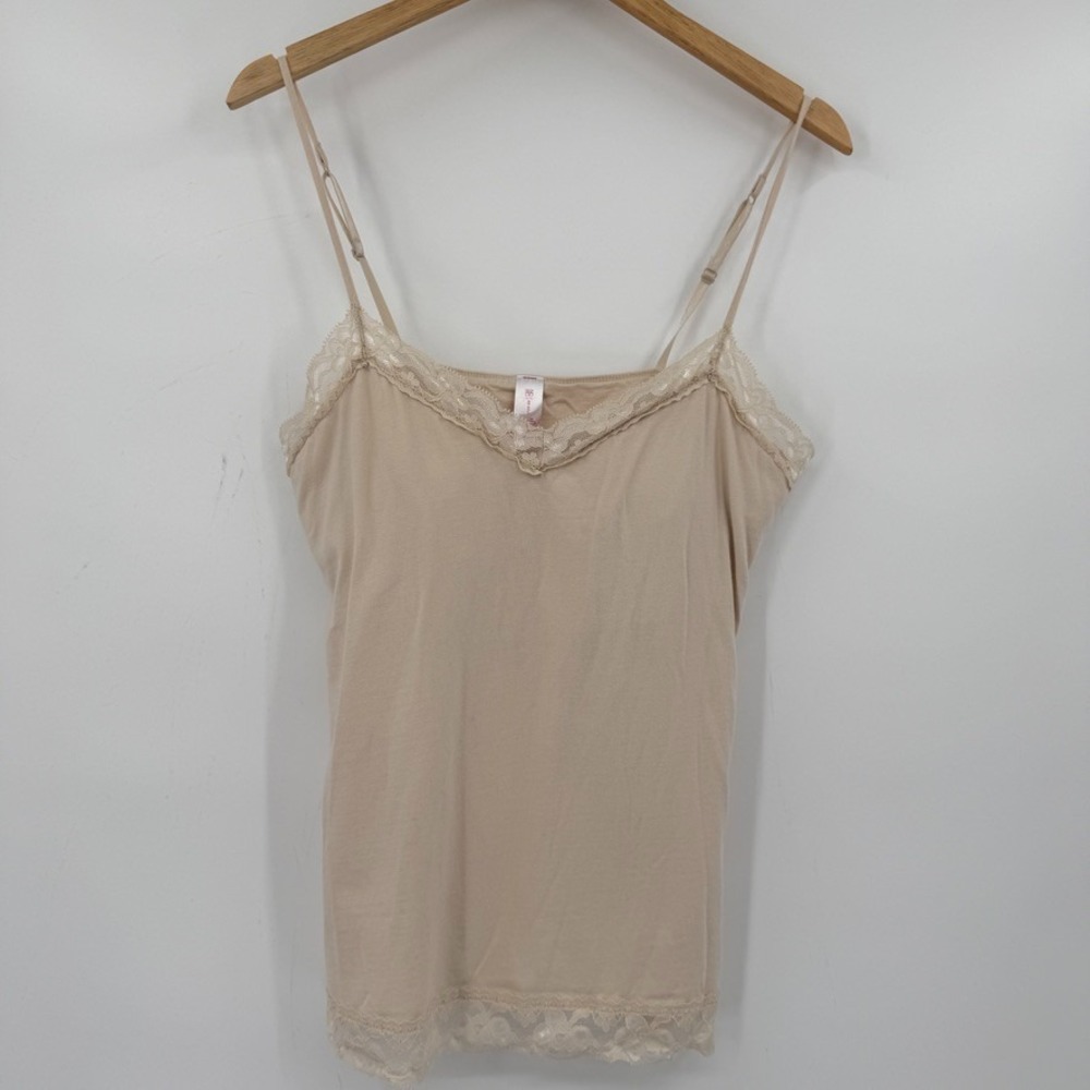 Womens Y2K Cami‎ Tank Top 2XL Beige Lace Trim Built In Bra Stretch Coquette
